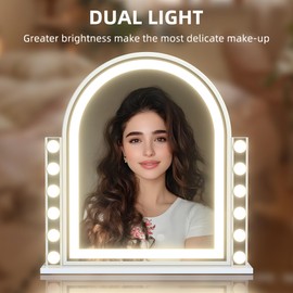 Hansong Hollywood Vanity Mirror with Lights 22.4"x23.4" Arched Lighted Makeup Mirror with Lights 12 Dimmable Bulbs Three Color Lighting Modes Detachable 10X Magnification Smart Touch Control