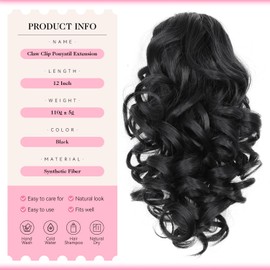 12 Inch Black Ponytail Extension - Soft Curly Pony Tail Hair Pieces for Women, Claw Clip Ponytail Hair Extensions, Natural Short Clip in Ponytail Hair Extensions (Color: Black)