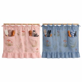 2Pack Premium Farmhouse Meadow Mushroom Oven Skirt Set, Pink & Blue Linen Oven Door Curtain with Pockets, Rustic Kitchen Oven Apron Skirt with Ruffle Trim & Tie-Top Hanging (30 * 22IN)