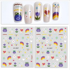 3 Sheets Nail Stickers Cute Heart Rainbow Flower Self Adhesive Nail Art Stickers para uñas Accessories for Creative Nail Designs Floral Nail Decals Nail Art Stickers for Beautiful Nail Manicure