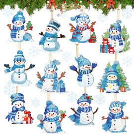 Gloryit Pack of 12 Snowman Diamond Painting Christmas Decoration, Christmas Day Keyring Snowman, Diamante Pendant on Both Sides Christmas Tree Festive Home Party Children