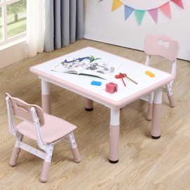 CuFun Kids Table and Chairs Set, Height-Adjustable Toddler Table and Chairs Set for Age 3-8, 31.5''Lx23.6''W Graffiti Desktop, Kids Activity Table for Daycare, Classroom, Home (Pink, 2 Chairs)