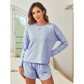 ANRABESS Womens Long Sleeve Pajama Sets 2025 Fall 2 Piece Outfits Lounge Matching Short Set Striped Pjs Loungewear Sleepwear Blue White X-Large