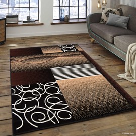 Allstar 8x11 Black Modern and Contemporary Rectangular Accent Rug with Ivory and Espresso Abstract Linear Design (7' 6" x 10' ")
