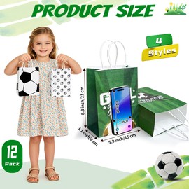QOIUSO 12PCS Soccer Goodie Bags with Handles - 4 Styles Soccer Snack Bags for Kids Birthday Party - Soccer Party Favor Bag for Team Sports Events, Soccer Theme Party Supplies