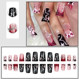 BQZQPAMZ 24PCS Black Duck Press on Nails Short Pink French Tip Fake Nails with Stars Rhinestones Stars Painting Design False Nails Full Cover Artificial Fingernails for Women Manicure Decoration