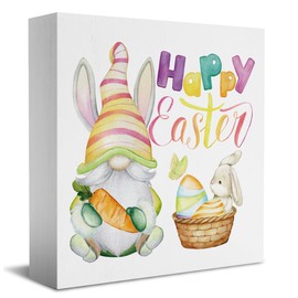 Farmhouse Spring Easter Bunny Wooden Box Sign Easter Egg Sign Butterfly Desk Decor Easter Decorations Rustic Decorative Wood Block Plaque for Home Kitchen Cubicle Table Tiered Tray Rabbit Decor