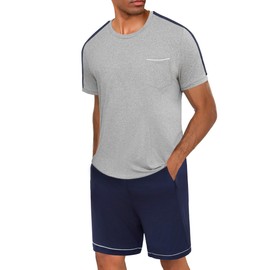 Crewhpo Men's Short Cotton Two-Piece Pyjamas Short Sleeve with Crew Neck Pyjamas Men in Contrast Colour Sleepwear Loungewear Summer, Grey + blue, 3XL