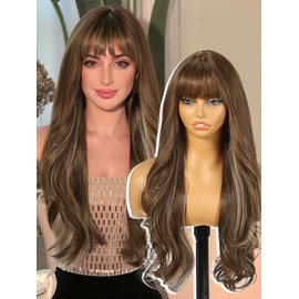 KOME Brown Blonde Highlight Wigs with Bangs,Brown Layered Wig for Women,Long Wavy Wigs Synthetic Hair Wig for Party Daily Use 26IN