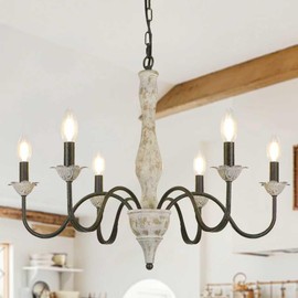 Cunfash 6-Light Wooden Farmhouse Chandelier, Rustic French Country Chandelier, Vintage Distressed Wooden Arm Light Fixture for Dinning Room, Bedroom, Kitchen Island, Cottage, Foyer, Hallway
