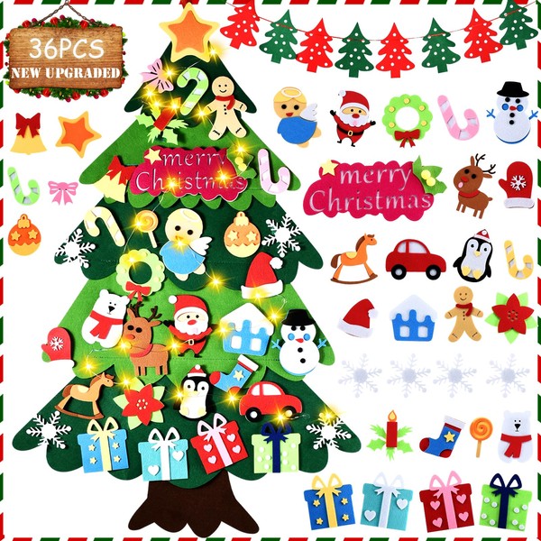 DIY Felt Christmas Tree 36 Pcs Xmas Decorations with Snowflake Snowman Reindeer Candy Crutch Wall Hanging Christmas Decoration Gift for Kids Christmas New Year Party Favors