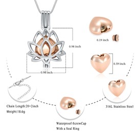 Oinsi Cremation Jewelry Lotus Shape Stainless Steel Memorial Necklace Inside Mini Heart Urn Holder Necklace For Ashes (Silver With Rose Gold)