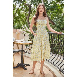 Floral Corset Dress for Women Ruched Bust Flowy Summer Cottage Core Dress White Yellow Floral XL