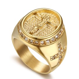 JewelryWe Mens Cross Ring Stainless Steel Gold Plated Christian Jesus Catholicism Religious Rings(9)