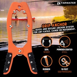 Canoe Anchor Grip - Boat, Float Tube & Kayak Fishing Accessories, Kayaking Equipment - Brush Clamp Anchor with Teeth - Gripper with 15ft Paracord - Rubber Grips - Coated Steel -