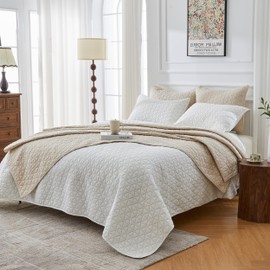 Simple&Opulence 100% Cotton Quilt Set King Size, White Pre-Washed 3-Pieces Bedspread Coverlet Set with 2 Pillowcases, Soft Cozy Stitching Geometric Pattern Bedding Cover for All Seasons