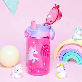 bzyoo Tritan HappyHydrate Children's Drinking Bottle, 16 oz - Pink Bottle with Unicorn Pattern, Straw Lid and Cover, Secure Closure, Children's Bottle Ideal for On the Go