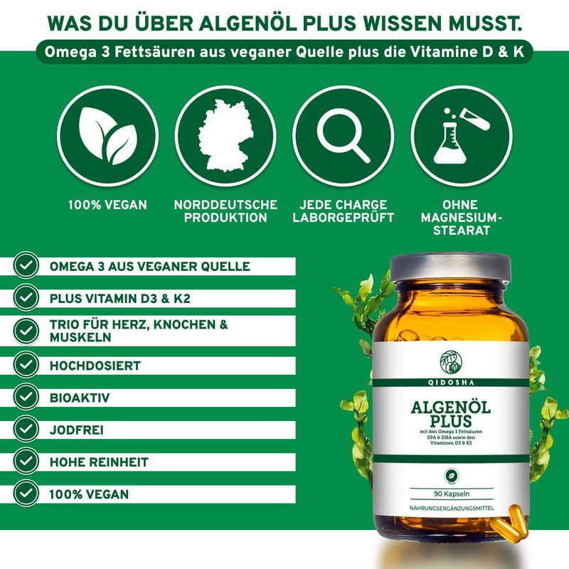 QIDOSHA Omega 3 Algae Oil Capsules Plus Vitamin D3 and