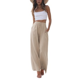 Faleave Women's Cotton Linen Summer Palazzo Pants Flowy Wide Leg Beach Trousers with Pockets(Khaki-S)