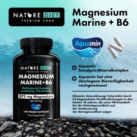 Nature Diet Magnesium Marine + B6 - Magnesium High Dose Capsules - 375 mg Magnesium Complex - 150 Vegan Capsules - Multimineral Complex with Aquamine - Supports Bones, Muscle and Heart Health