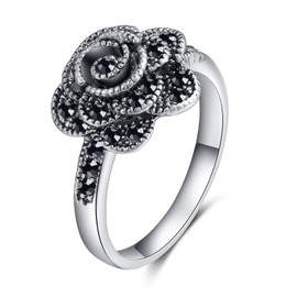 Shefashion Women's Vintage Black Marcasite Rose Flower Rings Size 7
