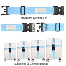 KICPUK Luggage Strap Set of 2,Suitcase Straps Eye-catching,Luggage Strap with Combination Lock,Adjustable,Quick Recognition of Travel Suitcases,200x5cm (Blue)