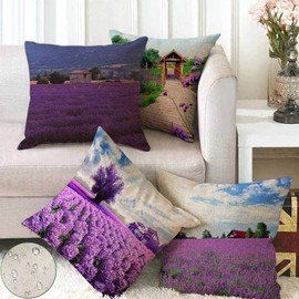 KUNQIAN Landscape Lavender Cushion Covers Purple Throw Pillow Cover Set of 4 18x18 inch Outdoor Waterproof Home Decorative for Patio Furniture Bench Couch Decor 45x45cm