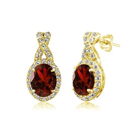 Yellow Gold Flashed Sterling Silver Garnet & White Topaz Oval X Drop Earrings