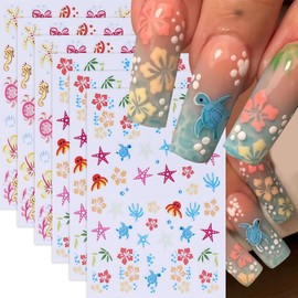 6 Sheets Summer Beach Nail Stickers for Nail Art Tropical Nail Decals 3D Self-Adhesive Ocean Seahorse Hibiscus Flower Small Floral Summer Hawaii Design Manicure Tropical Nail Accessories for Women