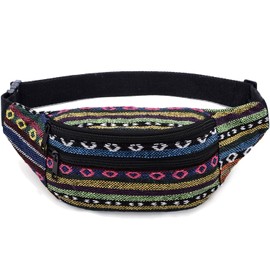 Kayhoma 2 Zippers Boho Fanny Pack Stripe Festival Retro Vintage Flat Bum Bags Travel Hiking Hip Waist Bag…