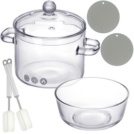 Tioncy 2 Pcs Clear Glass Pots for Cooking on Stove 1.3 L 44 oz Glass Saucepan with Lid Handle Simmer Pot Handmade Cookware Borosilicate Glass Cooking Pot with Brushes and Silicone Mats (Stylish)