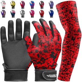 Exxact Sports Youth Batting Gloves with Arm Sleeve for Boys & Girls, Kids Baseball Batting Gloves for Softball, T-Ball (Youth L/XL, Red Camo)