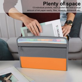 NAFY Expanding File Folders, 2Pack 13 Pockets Document Organizer with Zipper, A4 Letter Size Portable Accordion Expanding File Folders with Multicolor Labels for Office School Supplies (Black+Orange)