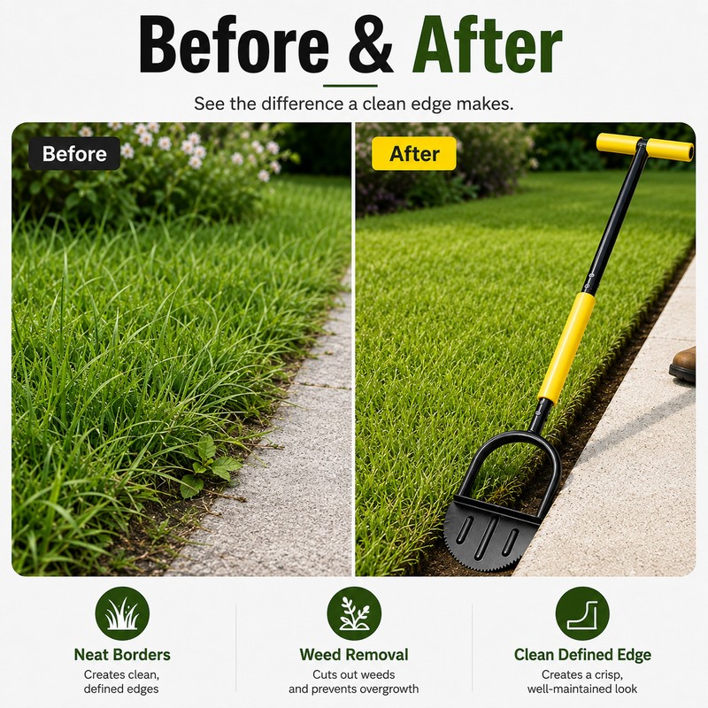Manual Lawn Edger, 42-Inch Padded T-Handle Half-Moon Edging Tool with