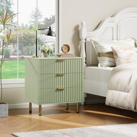 GarveeHome Fluted 3 Drawer Dresser for Bedroom, Modern Nightstand with Deep Drawers, Chest of Drawers with Wide Top, Wooden Dresser Organizer, Side Table for Living Room, Hallway, Kids Room, Green