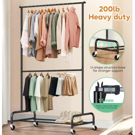 SLEEPING LAMB Heavy Duty Clothing Racks for Hanging Clothes Rack, 43" Wide Rolling Garment Rack Metal Clothing Hanger Rack with Wheels Wardrobe Rack for Coats, Shirts, Dress, (Black)
