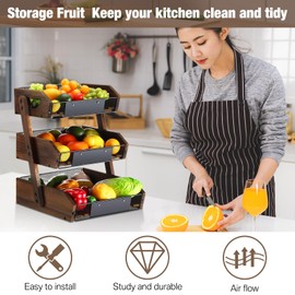Briwooody Wooden Fruit Basket for Kitchen Counter with Banana Hangers Fruit Holder Fruit and Vegetable Storage, Fruit Bowl for Onion Potato Bread Snack Organizer and Kitchen(3 Tier)