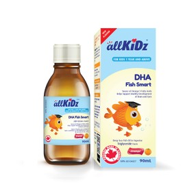 allKiDz DHA Fish Smart Fish Oil for Kids Children Liquid Supplement, Omega-3s in Triglyceride Form for Healthy Brain and Cognition, Natural Orange Flavour, 90 Milliliter