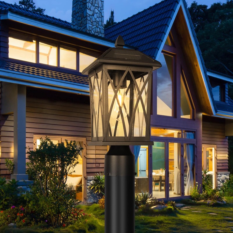 Treekee Solar Post Light Outdoor, Rustic Black Pier Mount Lantern