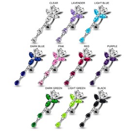 Dark Blue Cz Gemstones Heart Joined Flower with Teardrop Dangling Reverse Bar Sterling Silver with Stainless Steel Belly Ring - Belly Button jewelry - Navel jewelry