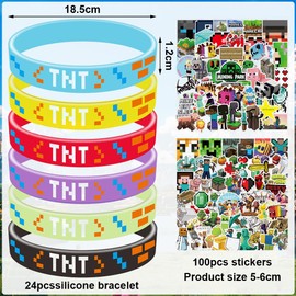 YEIUZPT Silikonarmband, 24 Stück anime Silikonarmband, 100 Stück Aufkleber Kinder, Silikon Armbänder Kinder, Cartoon Aufkleber Stickers für Jungen & Mädchen Geburtstag Gastgeschenke