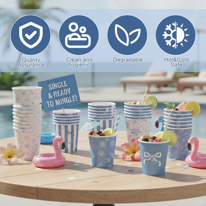 100 Pcs 9 oz Blue Nautical Paper Cups, Starfish Seashell