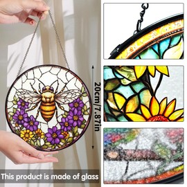 Bimkole Bee Stained Glass Suncatcher Window Hanging - Flowers Design for Indoor Window or Doorway Decoration - 7.87x7.87 inch/20x20 cm with Chain and Hook - Unique Home Decor Gift