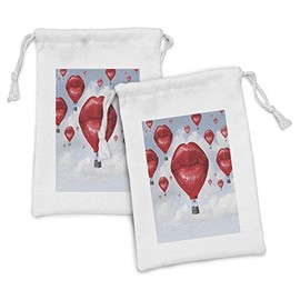 Lunarable Fantasy Fabric Pouch Set of 2, Woman Lips Shaped Hot Balloons in the Sky Surreal Fun Romantic Design Print, Small Drawstring Bag for Toiletries Masks and Favors, 9" x 6", Pale Blue Red