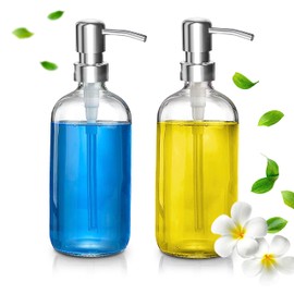 MAGMALIFE. Dispensador de Jabón para Baño con Bomba de Acero Inoxidable. Set de 2 Botellas Dispensadoras de Vidrio Resistentes, con Capacidad de 475 ml - 16 oz. Perfectas para Jabón de Manos y Cocina