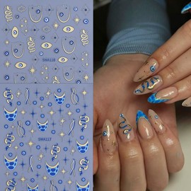 2 Sheets Gold Eye Nail Stickers for Nail Art Embossed Gold Snake Nail Decals Blue French Nail Stickers 5D Self-Adhesive Summer Nail Art Supplies for Women DIY Manicure Decoration Supplies