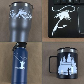 Fly Fishing Decal 4 Pack: Fly Life, Angler Silhouette, Fly Fisherman, Detailed Fly (White, Small ~3.5")