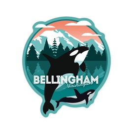 Die Cut Sticker Bellingham, Washington, Orca Whale and Calf, Vector, Contour Vinyl Sticker 1 to 3 inches (Waterproof Decal for Cars, Water Bottles, Laptops, Coolers), Small