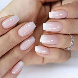 24 PCS Gradient French False Nails, Medium Length, French False Nails, Square Press on Nails Pattern, With Jelly glue, Fashionable Fake Nails, Women Nails Art