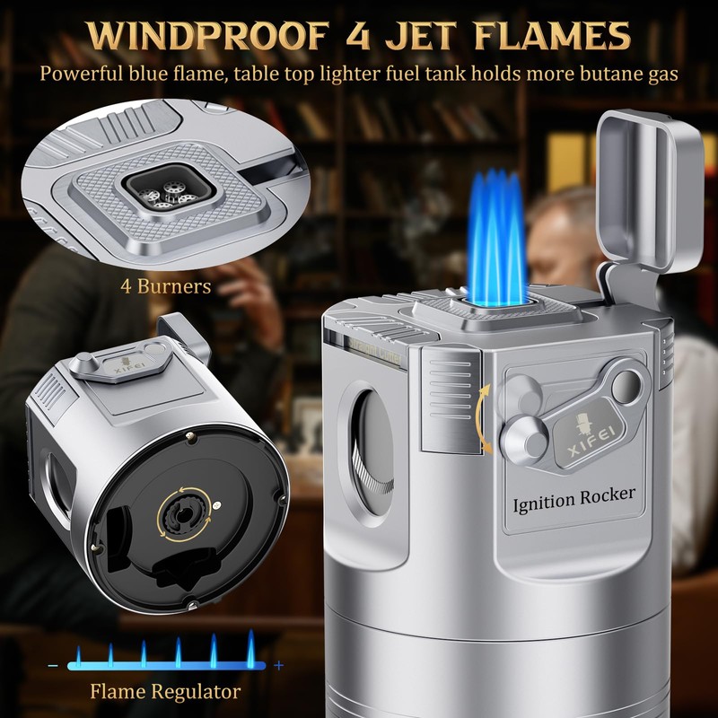 XIFEI 8-in-1 Desktop Cigar Lighter with Straight V-Cut Cutter, 3